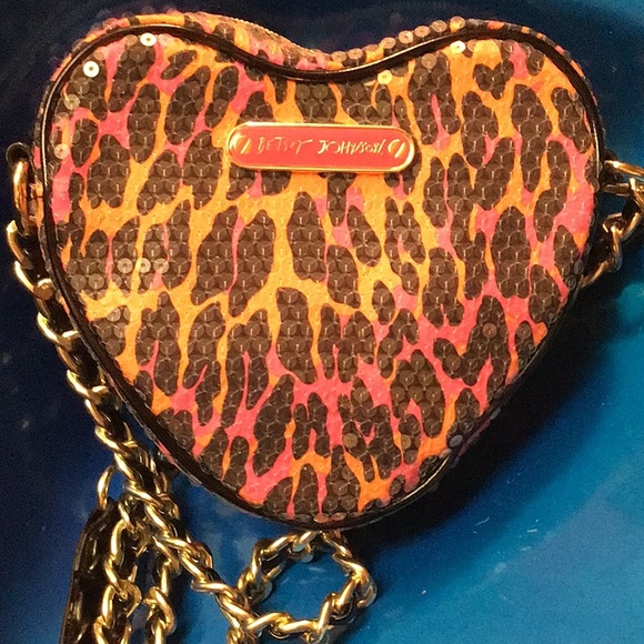 NWOT❣️Betsey Johnson🐯💝🧡Sequins X-body Pink & Orange Heart Cheetah Print Purse - Picture 3 of 13